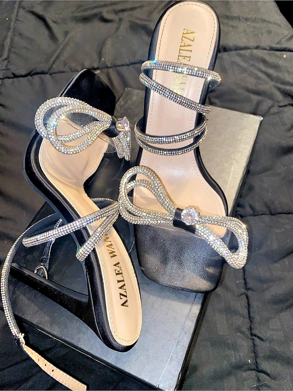 AZALEA WANG Tatum Bow Rhinestone Sandal Black Heels